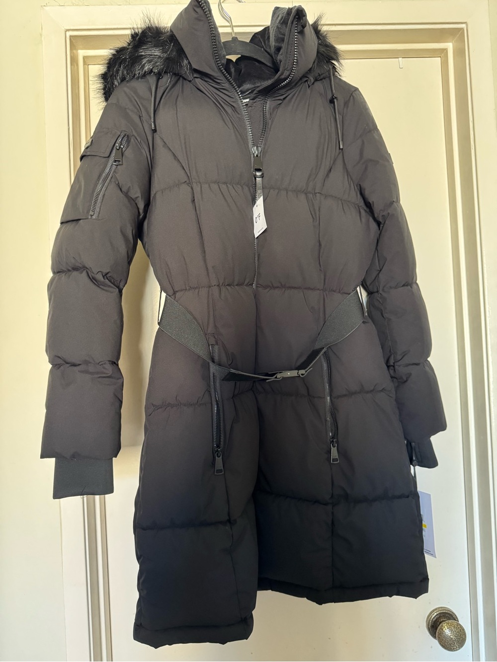 DKNY Black Quilted Hooded Puffer Coat with Faux Fur Trim